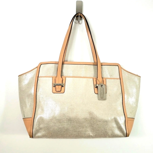 Coach Taylor Alexis Carryall Tote Satchel Bag Purse Silver Canvas Camel Leather - Picture 1 of 8